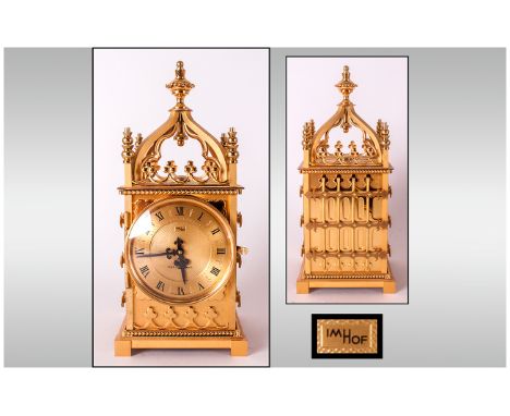 Imhof Gold Plated Brass Top Quality Swiss 8 Day Striking Mantle Clock Circa 1960's, This clock has a beautiful gold plated br