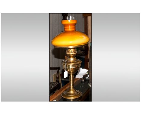 Edwardian Brass Table Oil Lamp With Twin Wicks, Glass Shade And Clear Glass Lantern. 21 Inches High