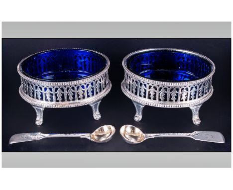 Victorian Very Fine Pair of Silver Salts, Complete with Blue Liners and Spoons. Hallmark Birmingham 1870. Makers Mark H.W.C (