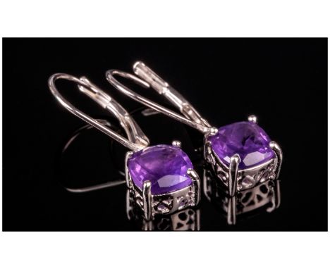 Amethyst Cushion Cut Drop Earrings with lever back fittings, 2.5cts of cushion cut purple amethysts, set in silver