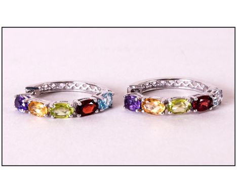 Pair of Multi Gemstone Hoop Earrings, oval cuts of amethyst, citrine, peridot, red garnet and sky blue topaz, totalling 4.5ct