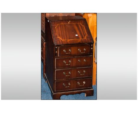 Reproduction Mahogany Inlaid Front Georgian Style Bureau with a fitted interior with brass snake drop handles, on bracket fee