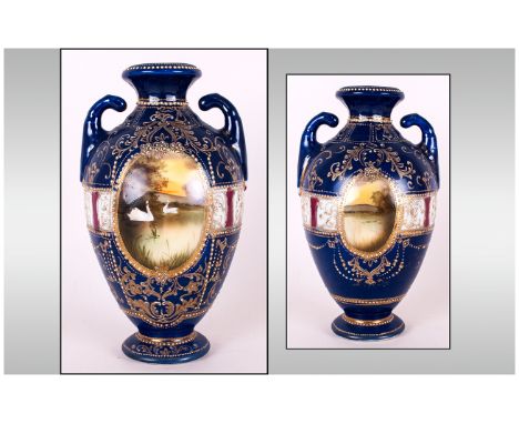 Noritake Style Hand Painted Two Handle Urn Shaped Vase, with Scenic Panels. c.1900. Stands 8.25 Inches HIgh. 