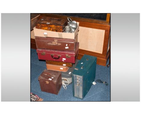 Mixed Lot Comprising Typwriter, Projector, Tape To Tape Recorder, Record Player, Three Early To Mid 20thC Suitcases, Part Fla