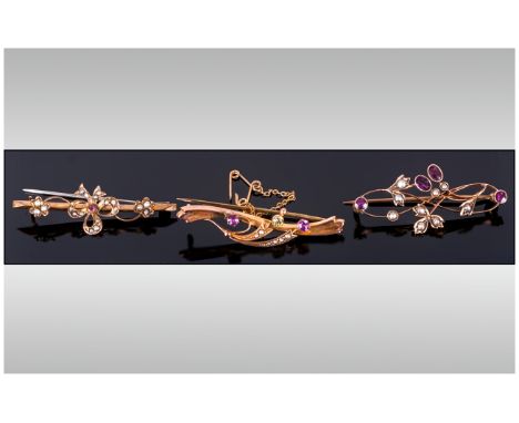 Victorian 9ct Gold Set Seed Pearl and Amethyst Brooches. Marked 9ct. ( 3 ) Brooches In Total. 