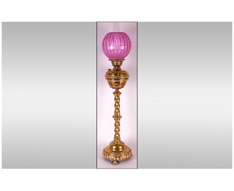 Joseph Hinks, Victorian / Ecclesiastical Style, Tall and Impressive Brass Twin Wick / Burner Oil Lamp. c.1885. With Barley Tw