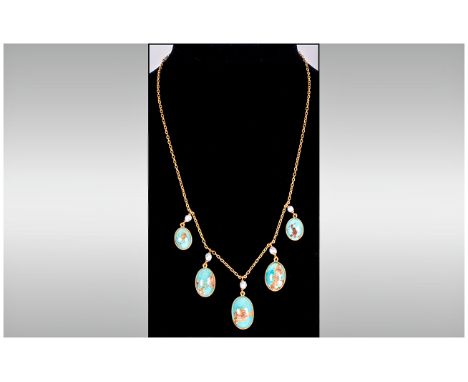 Late Victorian Quality 15ct Gold Turquoise And Seed Pearl Necklace 18'' in length, Excellent condition. 11.2grams.