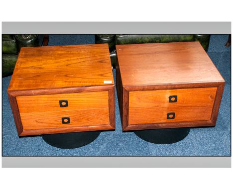 Matching Pair of Teak Two Drawer Bedroom Cabinets. Makers mark R & S Fabrication.