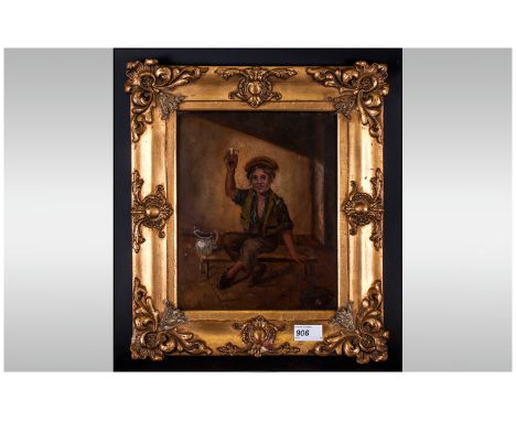 Early 19thC Oil on Panel, 'Young Chimney Sweep Making a Toast', period gilt wood frame with elaborate gesso corners and quart