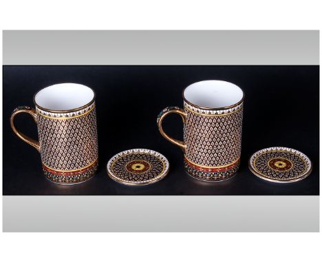 Pienong Benjarong Pair of Hand Painted Cups and Covers, the straight sided cups hand decorated with an intricate trellis and 