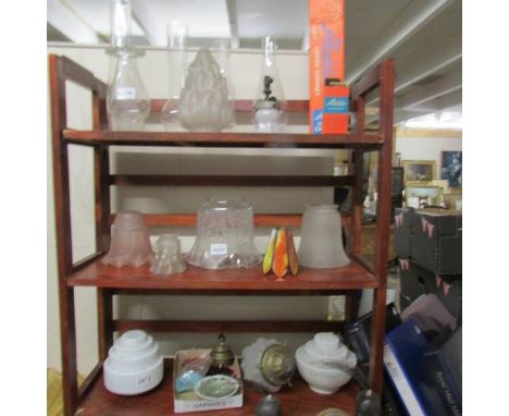 A mixed lot of lamp shades including etched oil lamp shade, oil lamp chimneys, 2 art deco shades and 2 flame shades etc.