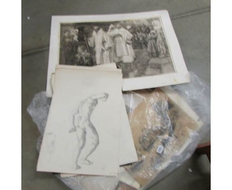 A quantity of early engravings and old master type pencil drawings including a cherub and a saint.