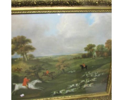A framed and glazed hunting print (image 64.5 x 51 cm) and a framed and glazed hare coursing print (image 45 x 31 cm).