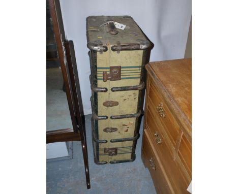 An old trunk with metal bindings.
