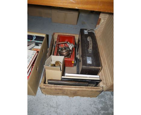 Metalware; copper kettle; and sundries in a small trunk.