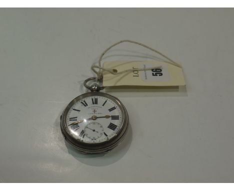 A silver cased open face pocket watch by Bravingtons, roman enamel dial with subsidiary seconds.