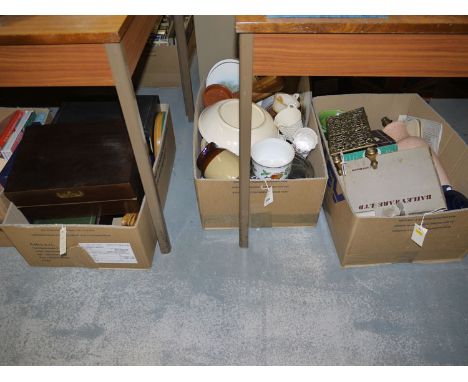 An antique brass trivet; table lamp; household and kitchen china; glass; and sundries, in three boxes.