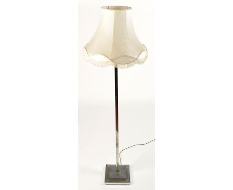 An Art Deco style chromed metal lamp standard, square section column, stepped square base and later shade.