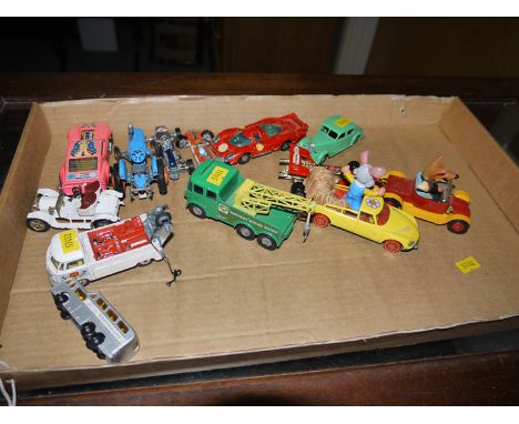 A small collection of die-cast model vehicles, including: a tractor; commercial vehicles; cars; etc.