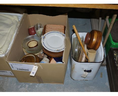 A collection of kitchen china and glassware; an enamel bread bin and cover; and sundries.