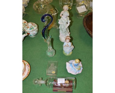 A Murano Studio Glass fish; four other pieces of Studio Glassware; a Crown Devon Fieldings figure of a seated ballerina; and 