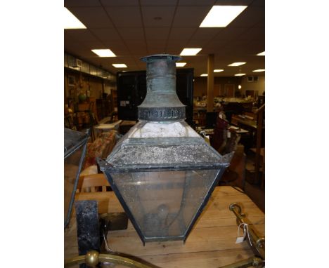 A 19th Century square tapering copper former street lamp, with cylindrical chimney (converted to electricity).