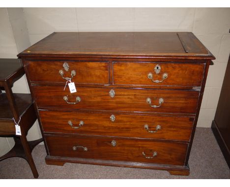 A 19th Century mahogany chest of drawers, with inlaid top and moulded edge (top badly distressed), fitted two short and three