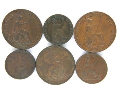 Six early milled copper coins, Farthing to Halfpenny. P&amp;P Group 1 (£14+VAT for the first lot and £1+VAT for subsequent lo