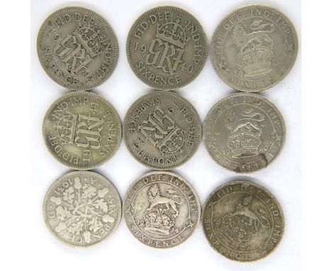 Nine 20th century British silver coins. P&amp;P Group 1 (£14+VAT for the first lot and £1+VAT for subsequent lots) 
