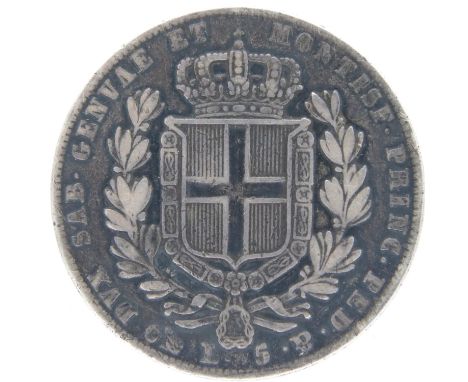 1839 Kingdom of Sardinia 5 Lire of Charles Albert. P&amp;P Group 1 (£14+VAT for the first lot and £1+VAT for subsequent lots)