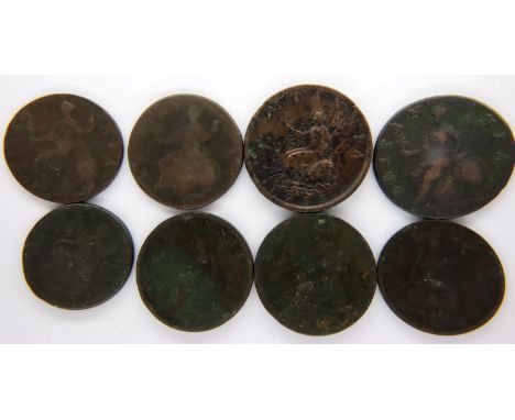 Eight early milled Copper Georgian coins. P&amp;P Group 1 (£14+VAT for the first lot and £1+VAT for subsequent lots) 