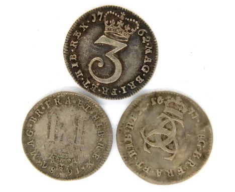 Three early milled silver Threepence coins including Charles II, James II, George III. P&amp;P Group 1 (£14+VAT for the first