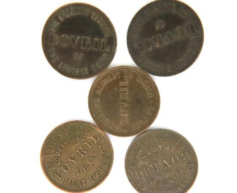 Five 19th Century Victorian Bovril tokens - London to Paris. P&amp;P Group 1 (£14+VAT for the first lot and £1+VAT for subseq