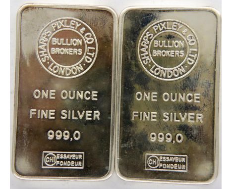 Two 1oz Fine Silver Bullion bars - Sharps Pixley brokers. P&amp;P Group 1 (£14+VAT for the first lot and £1+VAT for subsequen