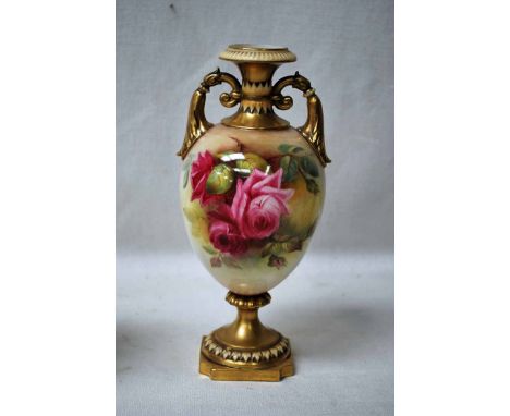 A Royal Worcester blush ivory two-handled Vase, ovoid form, hand painted with roses, signed A. Rushton, gilt highlighted, pri