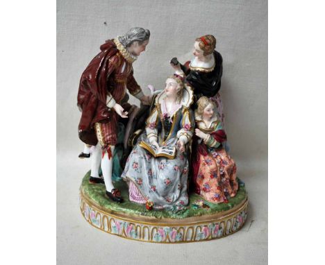 A Meissen 19th century Allegorical Study, the Music Recital, a seated Lady and a Gentleman Singing, a young Lady playing a lu