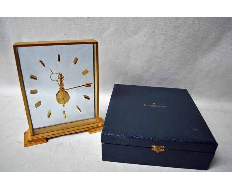 A Jaeger le Coultre, brushed gilt framed rectangular Floating Skeleton Clock, model number 355, visible jewelled Swiss Moveme