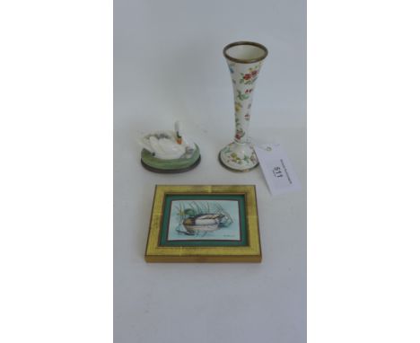 Halcyon Days enamel swan trinket box, solifleur bud vase and mallard duck panel, (3) 