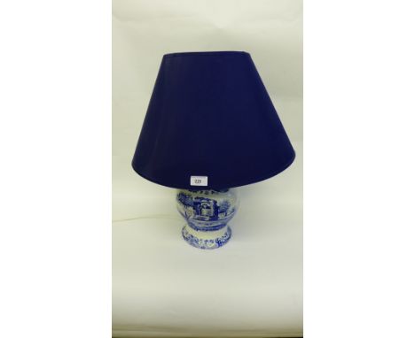 Spode blue and white pottery Italian pattern baluster table lamp base, complete with shade