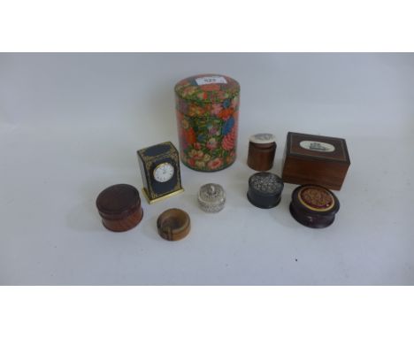 A collection of trinket boxes & jars together with a Halcyon Days miniature enamel clock.  (9)