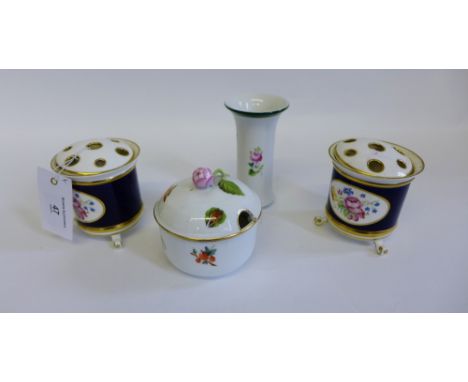 Herend porcelain floral decorated jar and cover and a small vase together with a pair of English bone china pot pourri jars (