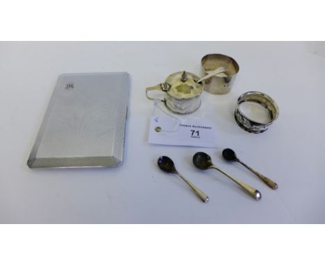 George V silver mustard with blue glass liner, Birmingham 1925 together with two silver napkin rings and four silver salt spo