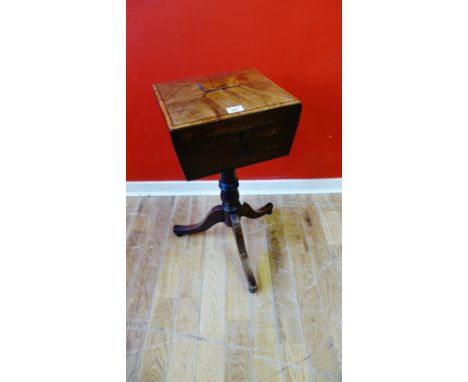 A 19th Century inlaid mahogany sewing box with sarcophagus shaped top, raised on pedestal supports and bun feet 60 x 70cm 