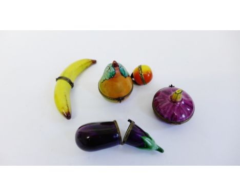 Five Dubarry Limoges enamel fruit shaped trinket boxes to include a banana, pear and apple etc (5)