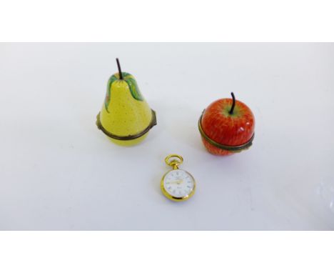 Two Halcyon Days enamel fruit pots and a gold plated Halcyon days timepiece (3)