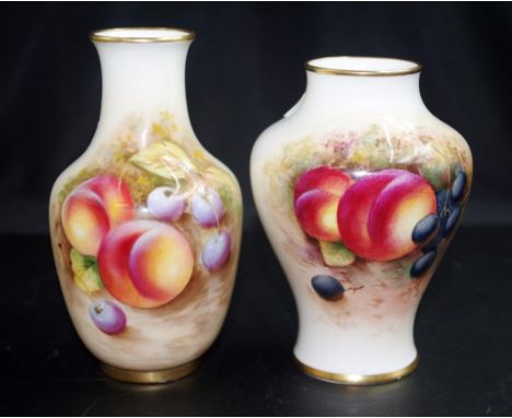 Royal Worcester hand painted fruit vases (2) both vases signed , (both signed ROBERTS), (height 12cm &amp; 10.5cm height appr