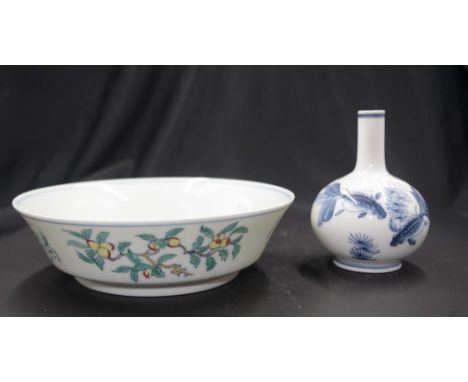 Chinese painted ceramic bowl blossom decorated to interior and exterior, character mark to base, (diameter 17.5cm approx); to