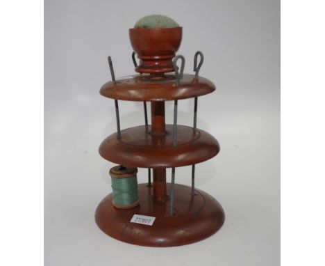 Vintage timber sewing bobbin holder with pin cushion top, height 18.5cm approx