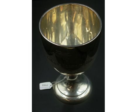 Sterling silver trophy cup hallmarked Sheffield 1954, maker: Walker &amp; Hall, with engraved dedication to cup, approximate 