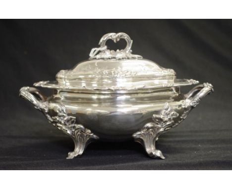 Antique silver plate serving tureen with repousse floral decoration, marks to base, maker: Edward &amp; John Barnard, width 2